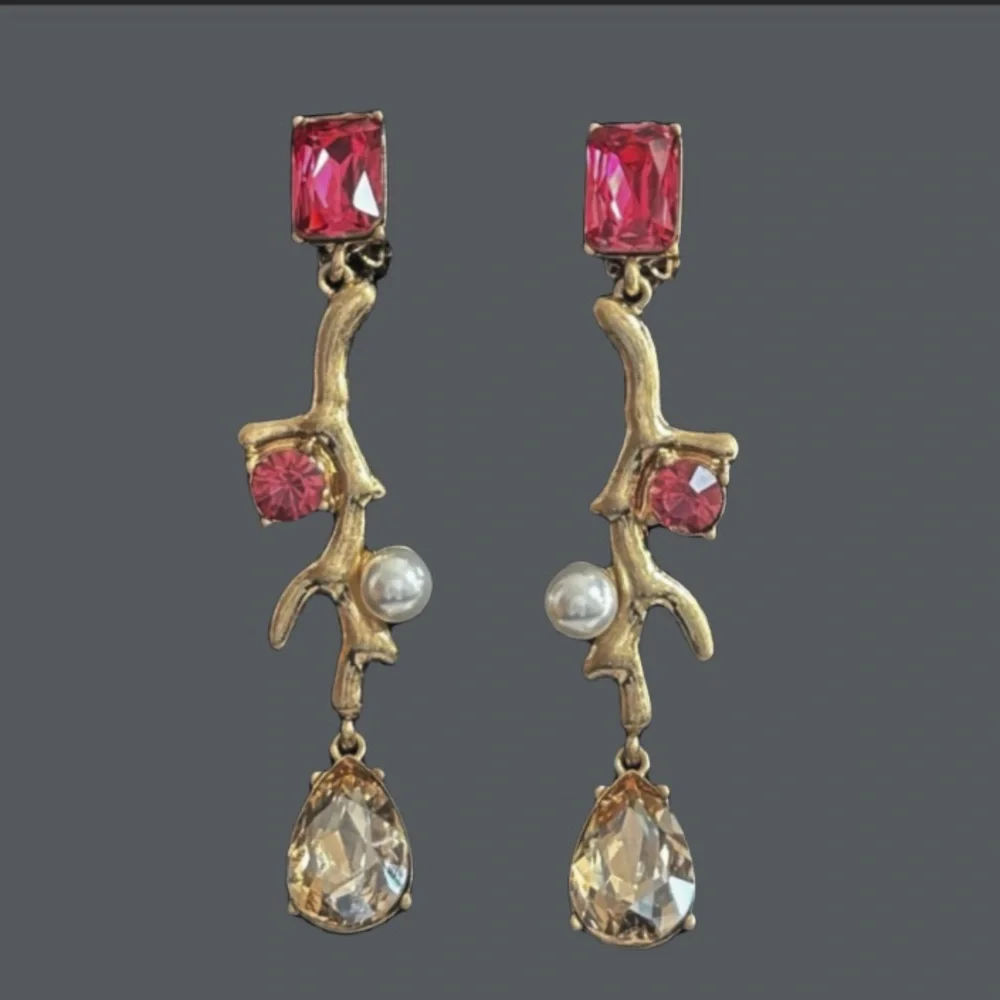 OSCAR de la RENTA Gold Pink Crystal Pearl Flora Branch Drop Earrings Branch